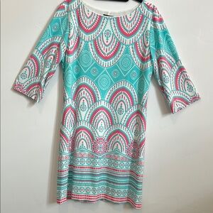 Just Taylor Shift Dress, Turquoise and Coral Pattern w/ 3/4 sleeves, Size 14